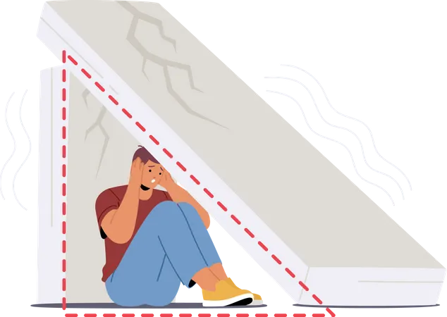 Fearful Man Hiding Under Concrete Slab For Safety During Earthquake Male Character Frantic Vulnerable And Seeking Refuge From Impending Danger Cartoon People Vector Illustration Illustration