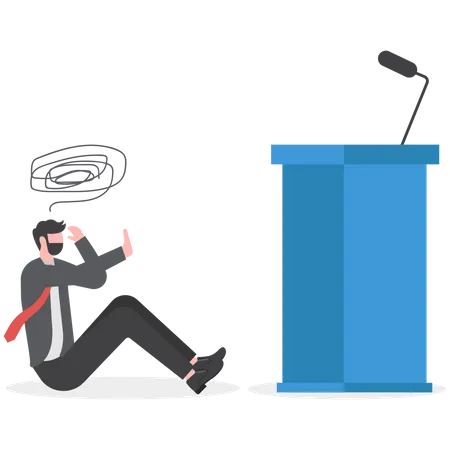 Fear Of Public Speaking Nervous Or Stress To Talk On Stage Podium Phobia Shy And Frightening To Give Speech To People Fearful Nervous Businessman Sitting Hidden Behind Public Speaking Podium Illustration