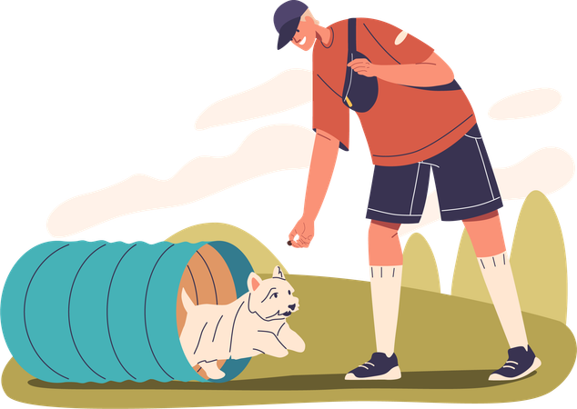 Mit Hund, der durch den Agility-Tunnel läuft  Illustration