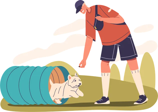 Mit Hund, der durch den Agility-Tunnel läuft  Illustration