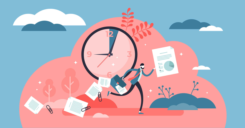 Fecha límite del reloj simbólico y prisa de último minuto.  Ilustración