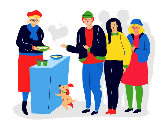 Feed The Needy Modern Colorful Flat Design Style Illustration On White Background A Scene With Queue For Food Volunteer Organization Support Care Donation Humanitarian Aid And Community Idea Illustration