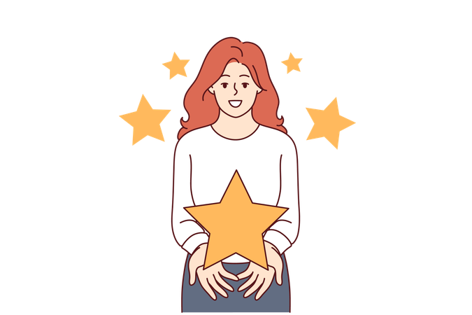 Feedback from woman showing large star and symbolizing high rating for quality product  Illustration