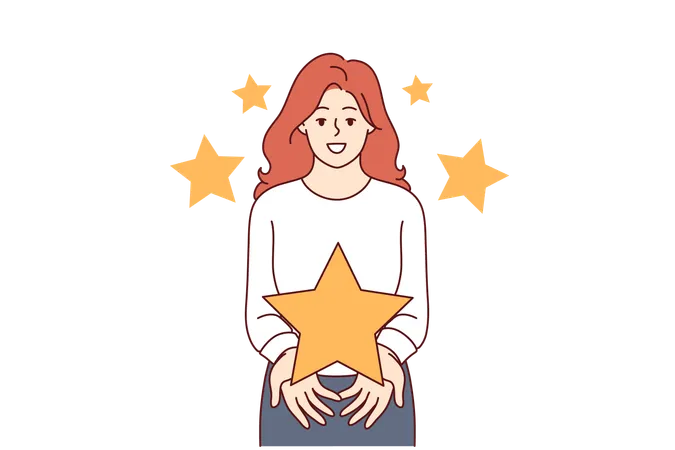 Feedback from woman showing large star and symbolizing high rating for quality product  Illustration