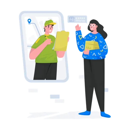 Illustration Of A Delivery Service With A Package Received And Leaving Feedback Experience Illustration
