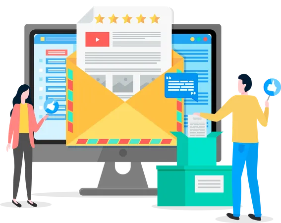 Feedback To Users Customers Of Website Analysing Consumer Demands Rating Stars Increase Popularity Of Social Network Young Man With Like Sign Boxes With Postal Letters Analysing Consumer Demands Illustration