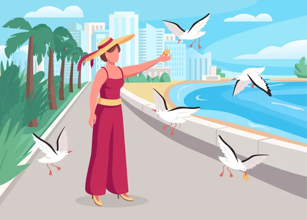 Feeding seagulls on coast Illustration