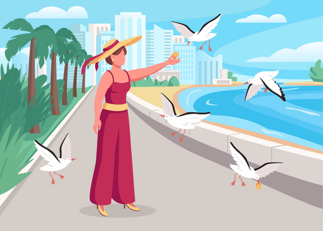 Feeding seagulls on coast  Illustration