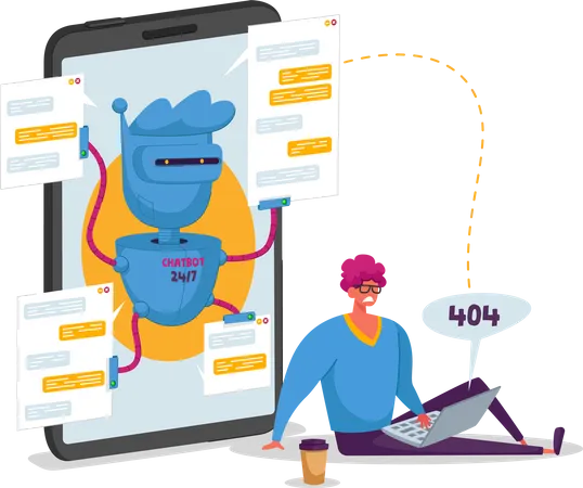 Klient Zeichen Mit 404 Fehler Auf Laptop Plaudern Mit Ai Roboter Chatbot Faq Kundendienst Antwort Und Online Unterhaltung Bot Beratung Innovation Kunstliche Intelligenz Karikatur Vektor Abbildung Illustration