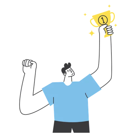 Den Sieg mit der goldenen Trophäe in der Hand feiern  Illustration