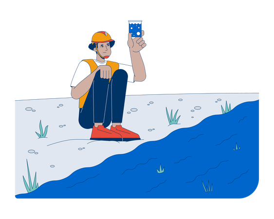 Feldarbeiter testet die Qualität des Flusswassers  Illustration