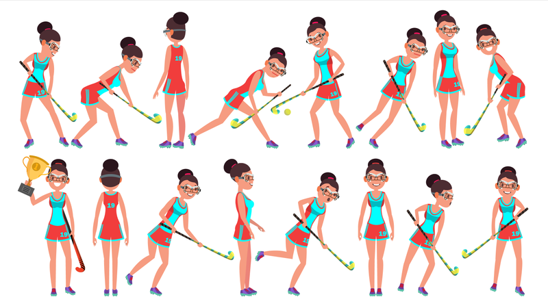 Feldhockey, Mädchen, Spieler, Weiblich, Vector., Frauen, S, Gras, Hockey, Match., Karikatur, Zeichen, Abbildung  Illustration