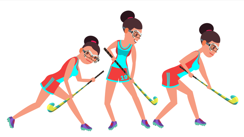 Feldhockey, Weiblich, Spieler, Vector., Dribbeln, Ball., In, Action., Poses., Frauen, S, Gras, Hockey, Match., Karikatur, Zeichen, Abbildung  Illustration