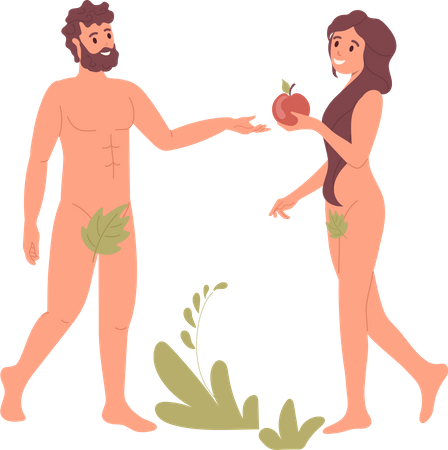 Felices Adán y Eva con manzana prohibida  Ilustración