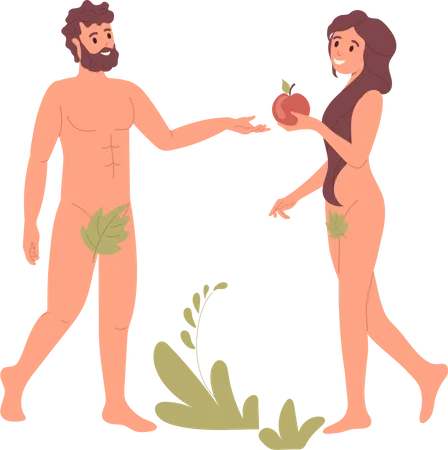 Felices Adán y Eva con manzana prohibida  Ilustración