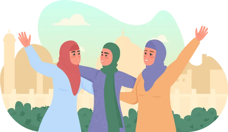 Chicas árabes felices en hijabs  Ilustración