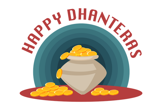 Happy Dhanteras con una olla llena de monedas de oro  Ilustración