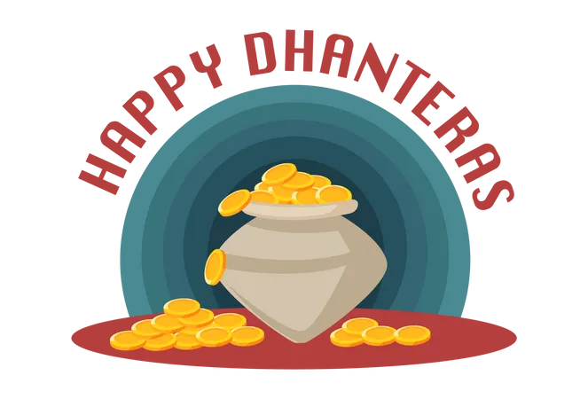 Happy Dhanteras con una olla llena de monedas de oro  Ilustración