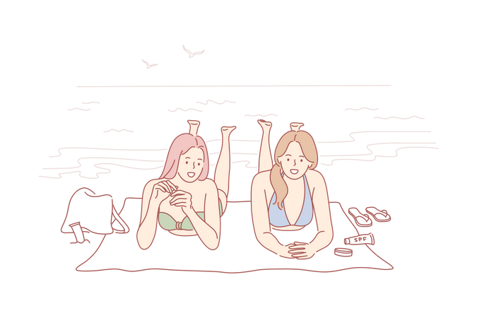 Felices dos chicas tumbadas en la playa del océano tomando el sol juntas  Ilustración