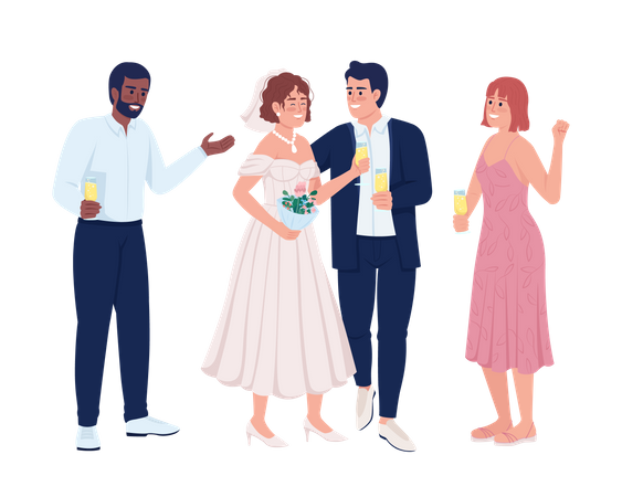 Felices recién casados con amigos  Ilustración