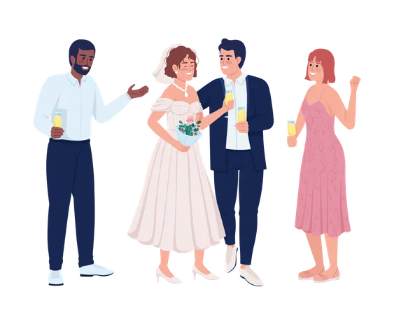 Felices recién casados con amigos  Ilustración