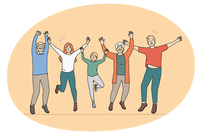 Felices tres generaciones de familia saltando y celebrando  Ilustración