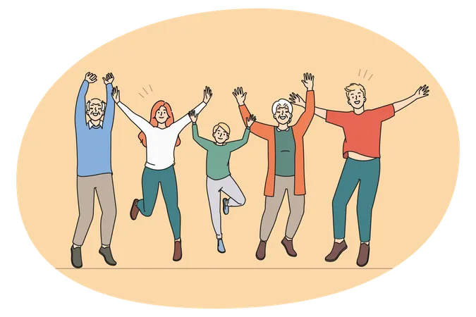Felices tres generaciones de familia saltando y celebrando  Ilustración