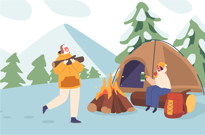 Felicidade da família no acampamento de inverno com barraca aconchegante e risadas ao redor do fogo  Ilustração
