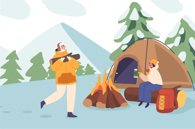 Felicidade da família no acampamento de inverno com barraca aconchegante e risadas ao redor do fogo  Ilustração