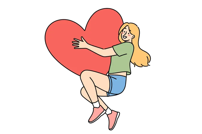 Feliz adolescente abraza una gran tarjeta de San Valentín en forma de corazón regocijándose por la llegada de las vacaciones de febrero  Ilustración