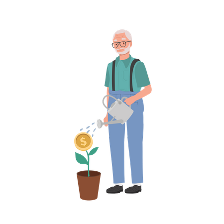 Feliz anciano regando planta de dinero  Ilustración