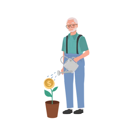 Feliz anciano regando planta de dinero  Ilustración