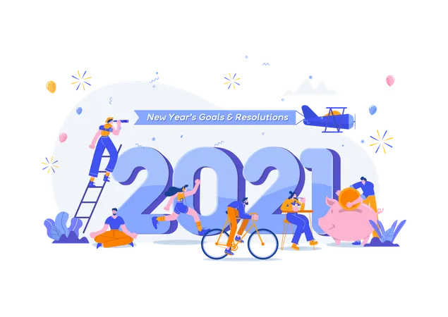 Feliz Ano Novo 2021. Metas e Resoluções 2021 Conceito Ilustração. Pessoas minúsculas se divertindo com seus objetivos em 2021  Ilustração