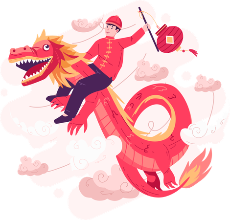 Feliz Ano Novo Chinês com um menino montado em um dragão no céu  Ilustração