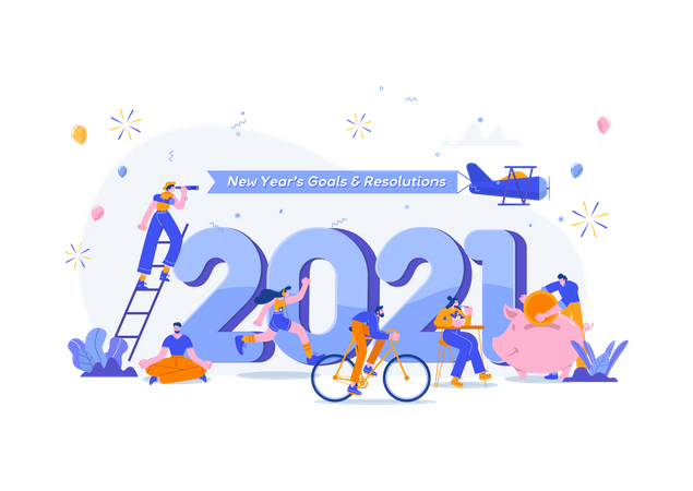 Feliz Año Nuevo 2021. Ilustración conceptual de objetivos y resoluciones 2021. Gente pequeña divirtiéndose con sus objetivos en 2021  Ilustración