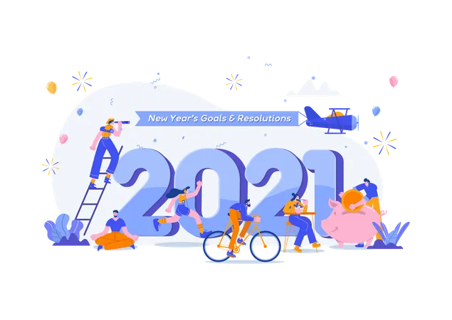 Feliz Año Nuevo 2021. Ilustración conceptual de objetivos y resoluciones 2021. Gente pequeña divirtiéndose con sus objetivos en 2021  Ilustración