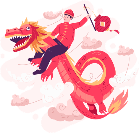 Feliz año nuevo chino con un niño montado en un dragón en el cielo  Ilustración