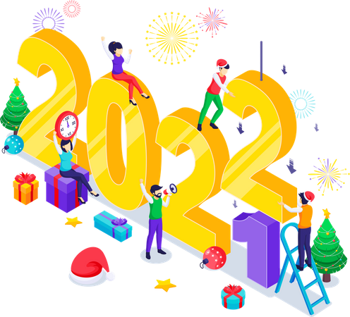 Feliz año nuevo concepto de diseño. La gente celebra el año nuevo cambiando el enorme símbolo de la cantidad de años. Ilustración vectorial isométrica  Ilustración