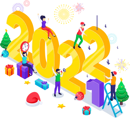 Feliz año nuevo concepto de diseño. La gente celebra el año nuevo cambiando el enorme símbolo de la cantidad de años. Ilustración vectorial isométrica  Ilustración