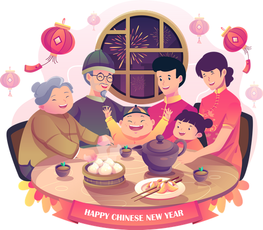 Feliz família asiática reunida para jantar de ano novo chinês  Ilustração