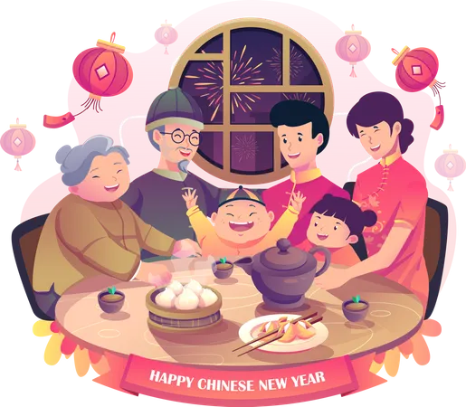 Feliz família asiática reunida para jantar de ano novo chinês  Ilustração