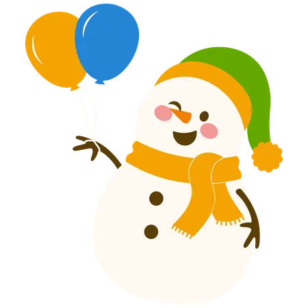 Boneco de neve feliz com balões voadores  Ilustração