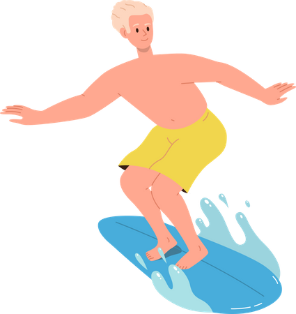 Feliz deportista surfeando a bordo atrapando y rompiendo olas del mar o del océano  Ilustración