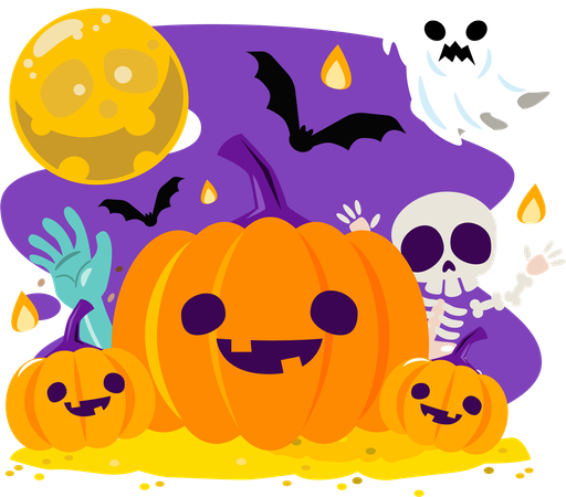 Saudação de Halloween com abóboras Jack o lantern e amigos de Halloween  Ilustração