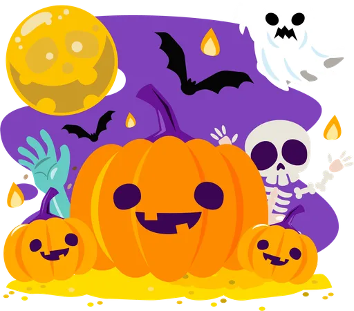 Saudação de Halloween com abóboras Jack o lantern e amigos de Halloween  Ilustração