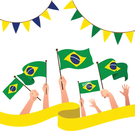 Feliz día de la Independencia de Brasil con banderas ondeando  Ilustración