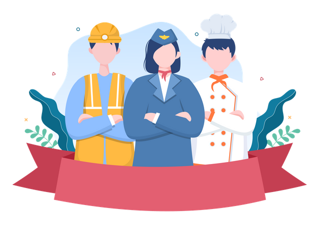 Feliz día del trabajo de parte de personas de diversas profesiones.  Ilustración