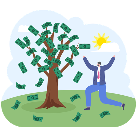 Feliz hombre de negocios bajo el árbol del dinero  Ilustración