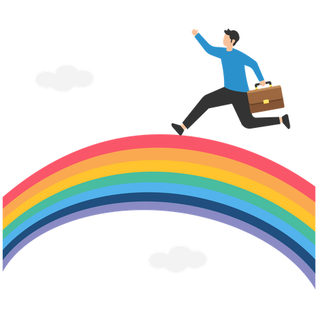 Feliz hombre de negocios corriendo con maleta en un colorido arco iris en el cielo  Ilustración