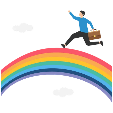 Feliz hombre de negocios corriendo con maleta en un colorido arco iris en el cielo  Ilustración